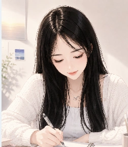 昀熙低頭書寫的插畫